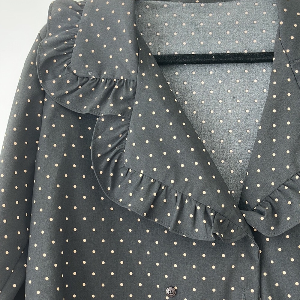 BLACK POLKA DOT RUFFLE BLOUSE TOP - Picture 2 of 3